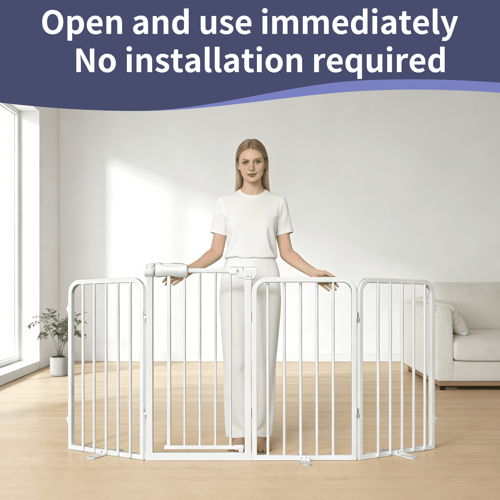 4-Panel Dog Gate with Door Freestanding Dual Lock Easy Open No Bend, 80in Adjustable for Doorway Stairs Metal
