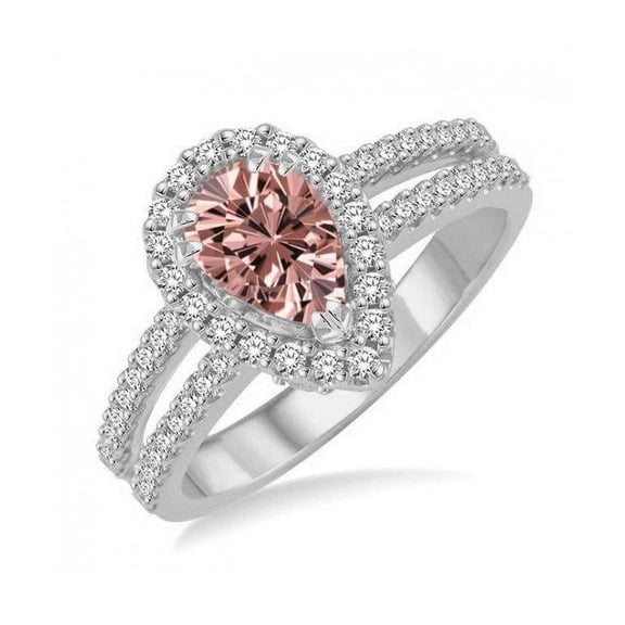 Designer 1.50 Carat Pear cut Morganite and Diamond Halo Engagement Ring in 14k White Gold morganite and diamond engagement ring