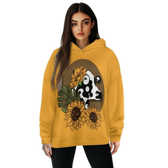 SCRAWLGOD Sunflowers Cow Hoodie for Women Pullover Sweatshirts for Women Plus Size S with Long Sleeves Ladies Hooded Sweaters Soft Women Trendy Clothes Outfits for Daily Life