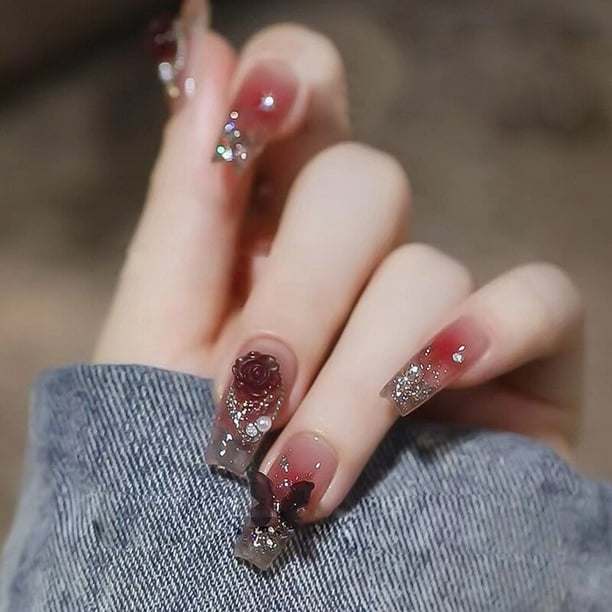 Uñas postizas desmontables de 24 piezas, uñas postizas portátiles azules de bailarina, puntas de uñas postizas de cubierta completa con diseño de Luna, presione en las uñas