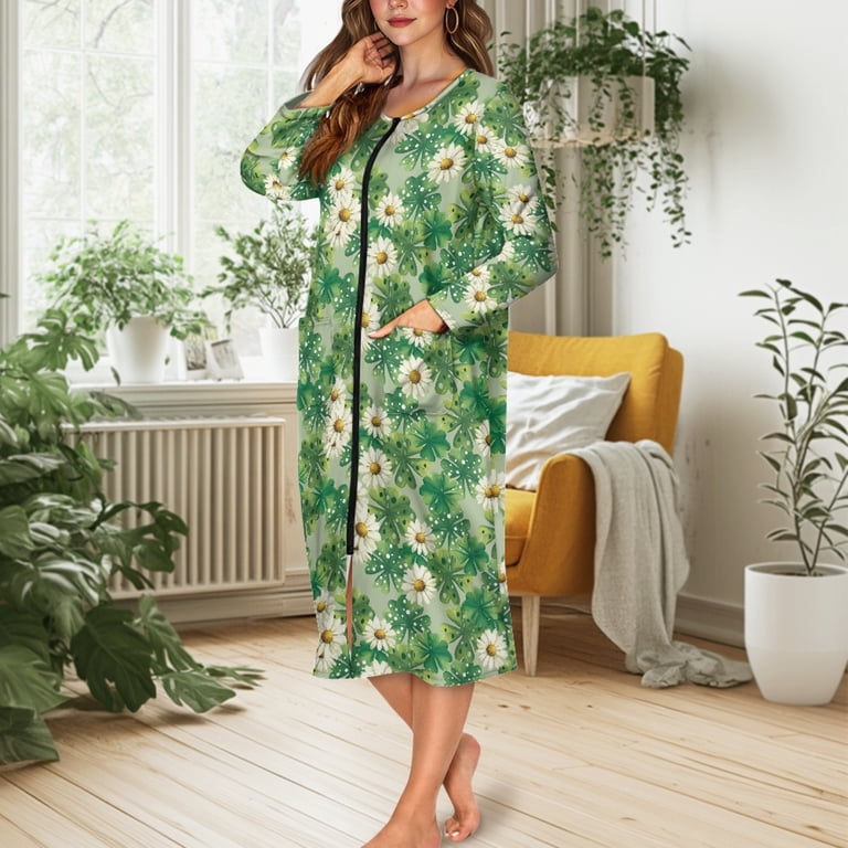 Yuyamidu Daisy Women's Bathrobe Zipper Front Bath Robes Green Leaf Long  Sleeve Robe Size S St. Patrick's Day Night Gowns for Women Mid-Length Dressing  Gown with Pockets - Walmart.com