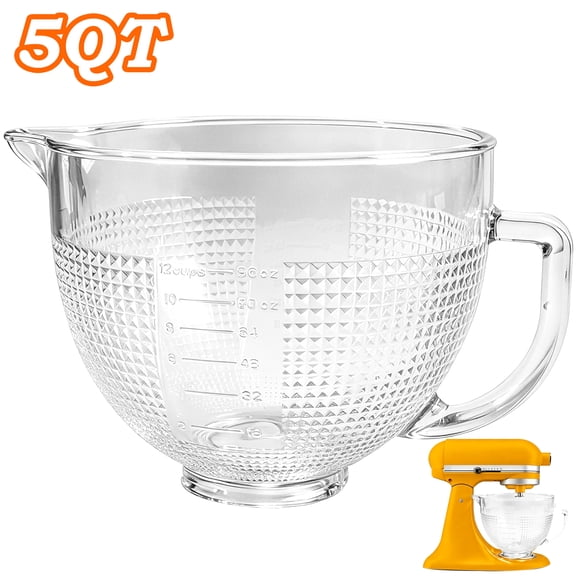 Teupoa 5 QT Glass Mixer Bowl for KitchenAid 5 QT Tilt-Head Stand Mixers, 5 qt Mixing Bowl for Kitchen Aid with Measurement Markings & Handle,Diamond