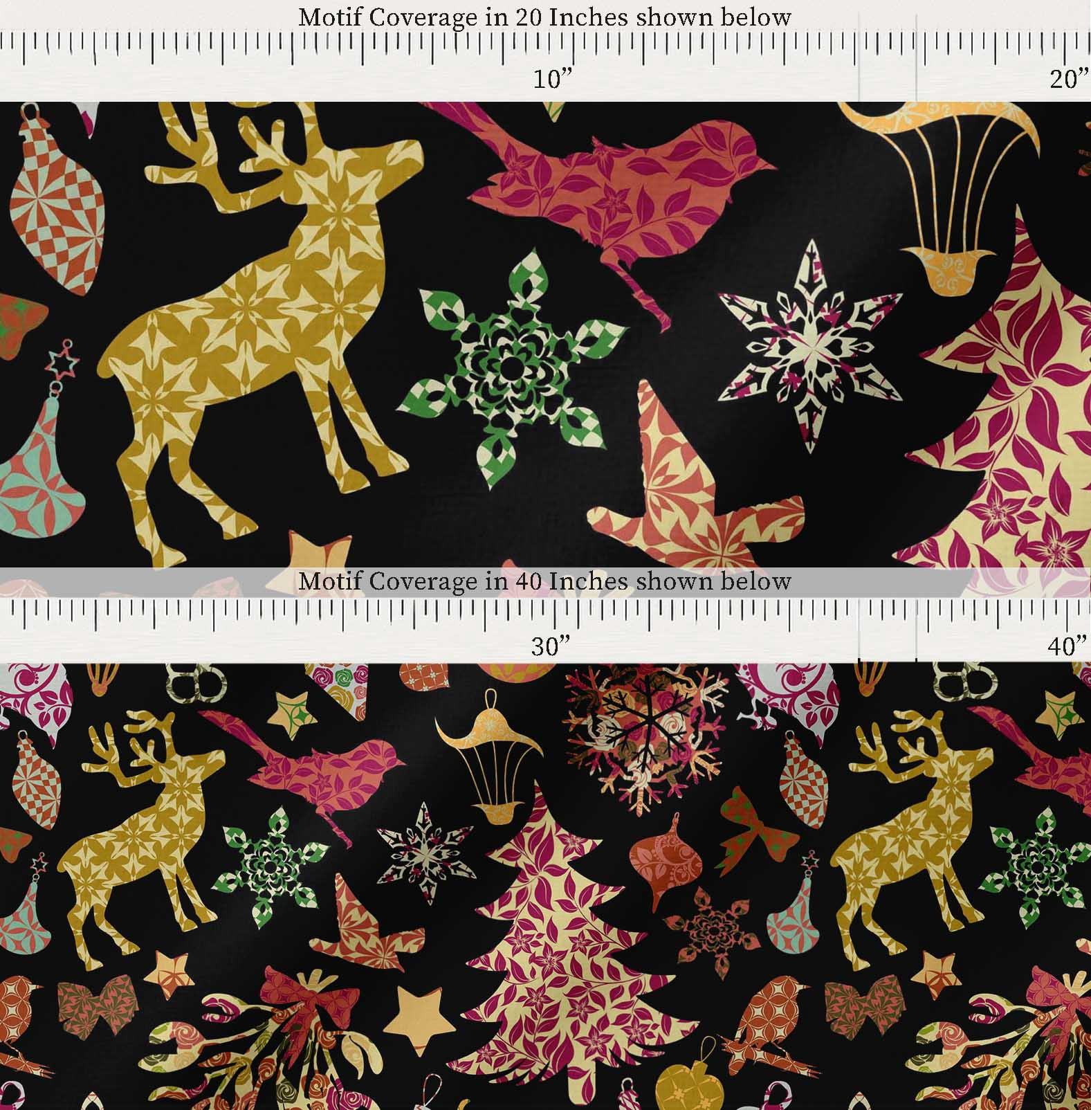 Soimoi Black Cotton Voile Fabric Reindeer,Oranaments & Tree Christmas Print Fabric by the Yard 42 Inch Wide