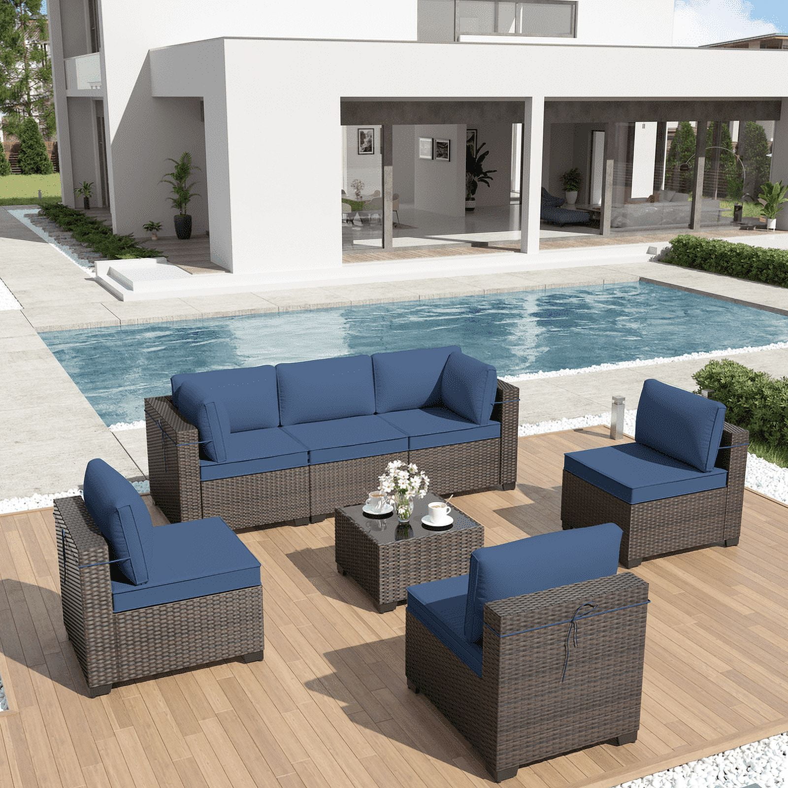 ALAULM 7 Piece Patio Furniture Sets, Outdoor Patio Sectional Outdoor Furniture Set, W/Coffee Table & Thick Cushions, Navy Blue