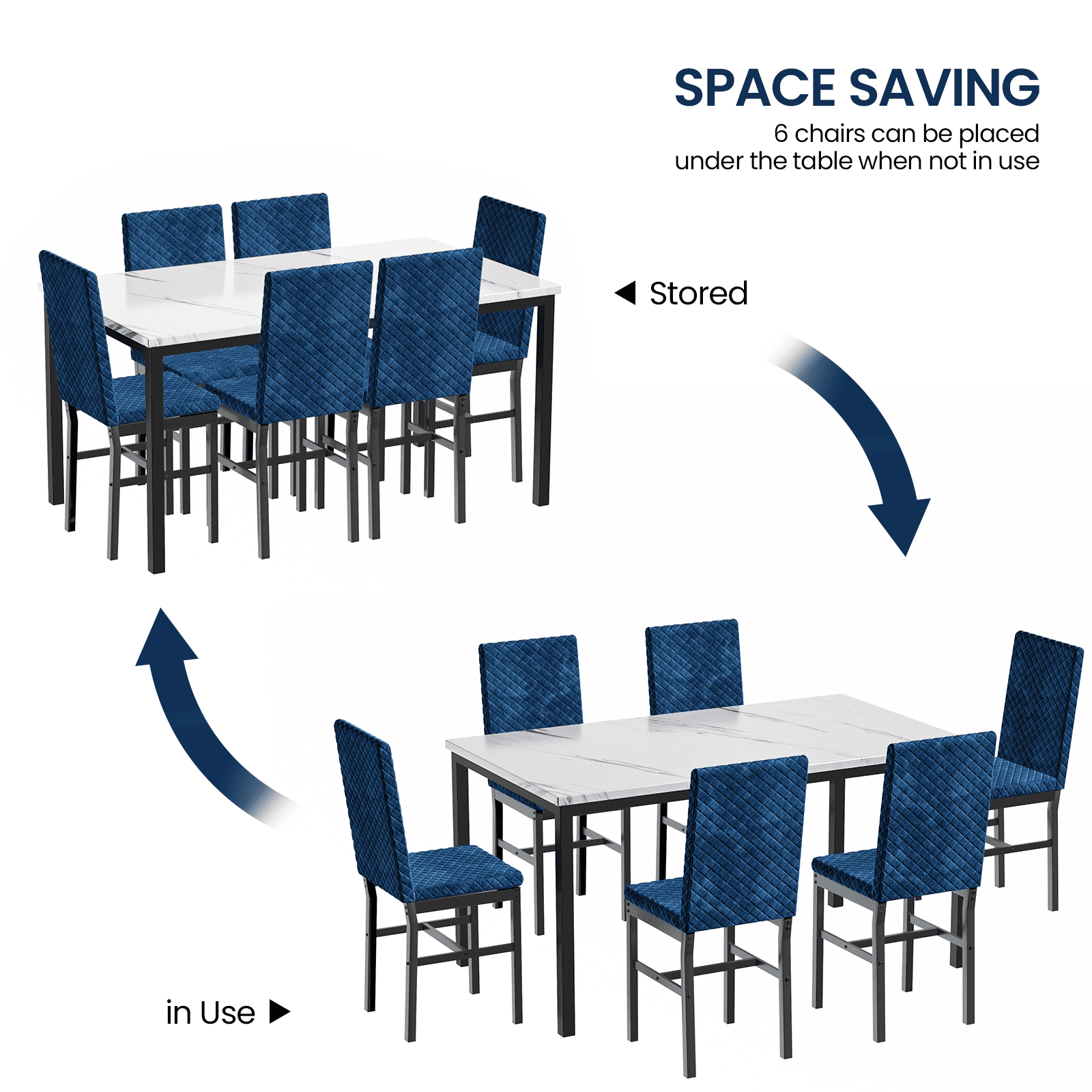 Recaceik Modern 7 Piece Dining Room Faux Marble Velvet Chairs Sets for 6, Blue