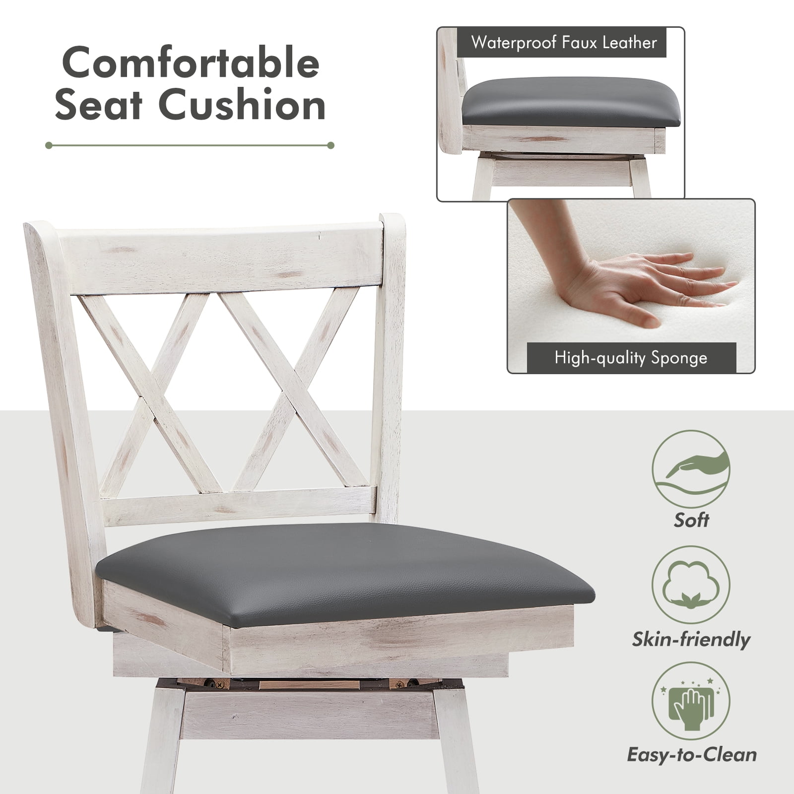 Costway 24" Bar Stools Set of 2 with Ergonomic Backrest Rubber Wood Legs Swivel Height Chairs Antique White, Gray