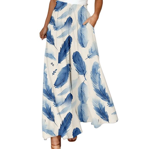 Swanpen Women's Summer Print Wide Leg Palazzo Pants Elastic Drawstring Waist Flowy Loose Fit Casual Long Trousers with Side Pockets