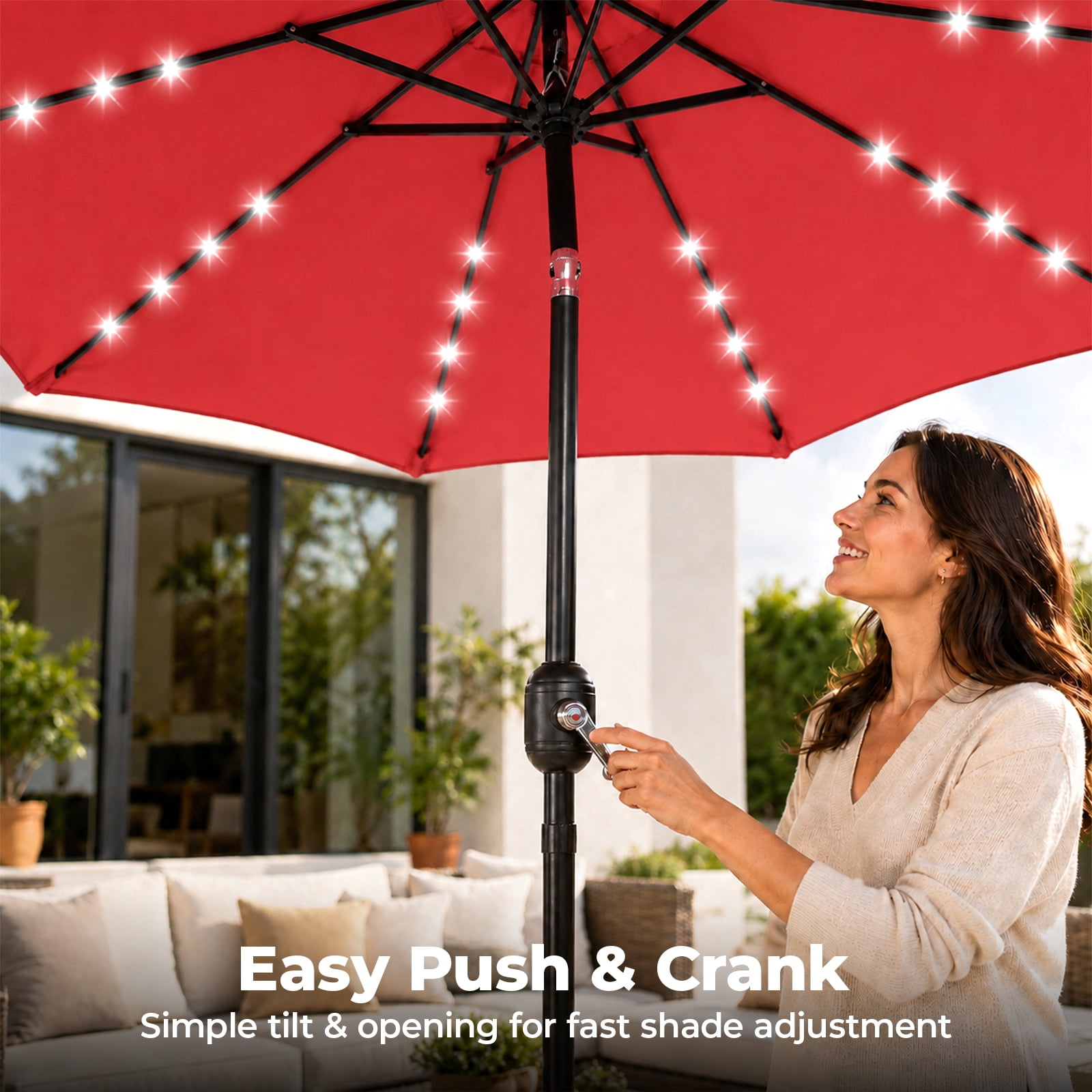Alvantor 10ft Solar LED Lighted Patio Umbrella, Table Umbrella with 32 Lights, Push Button Tilt, UV-Resistant Canopy, for Deck, Garden, Pool, Café