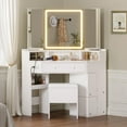 thumbnail image 3 of Toogaho Vanity Desk Set with Tri-Fold Mirror and Lights, Storage Stool, Corner Makeup Vanities with Drawers & Power Outlet, 3 Light Settings, Dimmable for Bedroom,White, 3 of 7