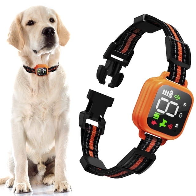 Collar de Corteza para Perros Grandes, Medianos y Pequeños, Collar de Ladrido con Pantalla LCD, Collar de Choque de Entrenamiento de Corteza Automática, 4 Modos de Pitido, Vibración y Choque Seguro (Naranja)