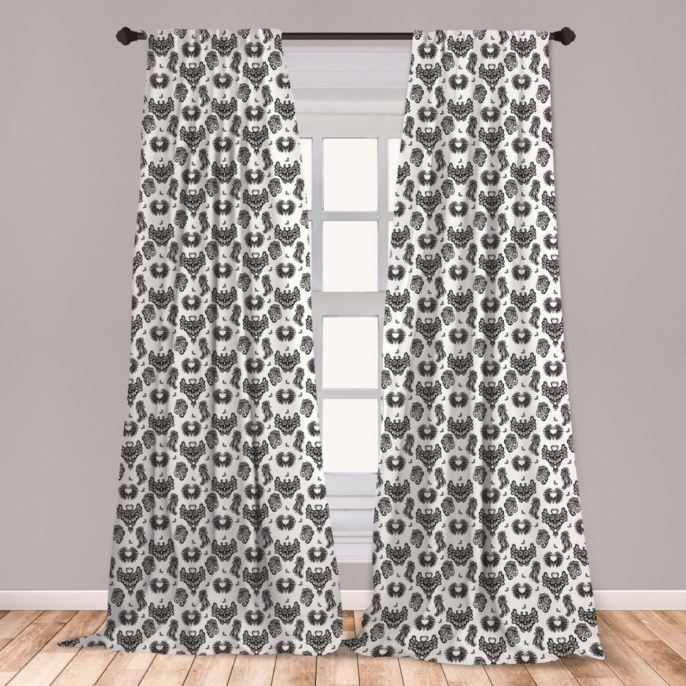 Gothic Curtains 2 Panels Set, Victorian Floral Motifs and Owl Classical