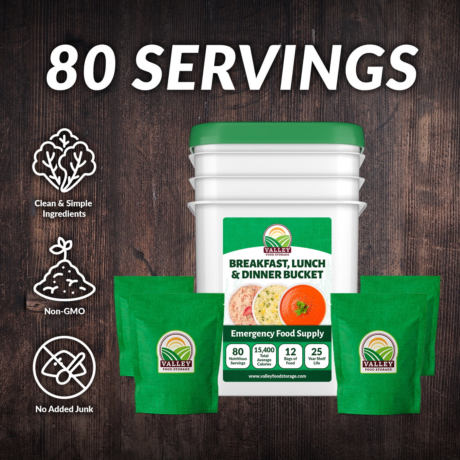 Valley Food Storage Breakfast Lunch & Dinner Bucket, 80 Servings, 25 Year Shelf Life