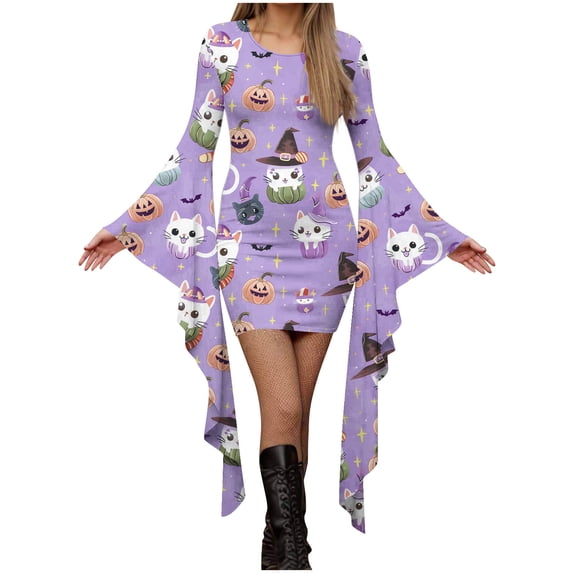 BaoFuBaoMei Womens Dresses for Halloween Plus Size Crew Neck Long Flared Sleeve Halloween Cute Cat Print Dresses Irregular Hem Bodycon Party Dresses