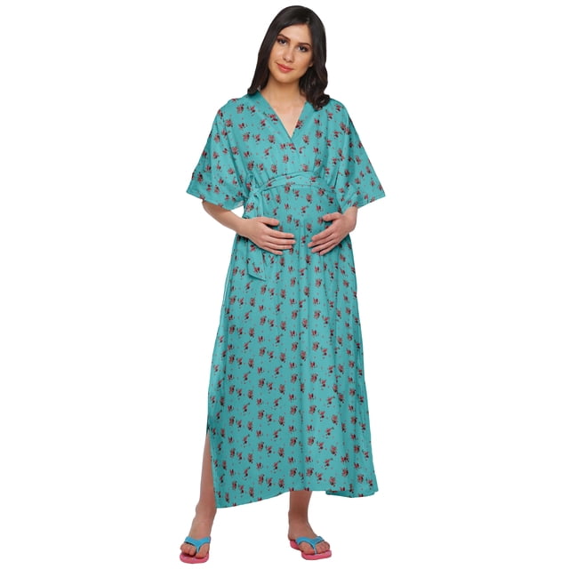 Moomaya Robe Longue Maxi de Maternité Imprimée pour Femmes, Kaftan Boutonné en Coton