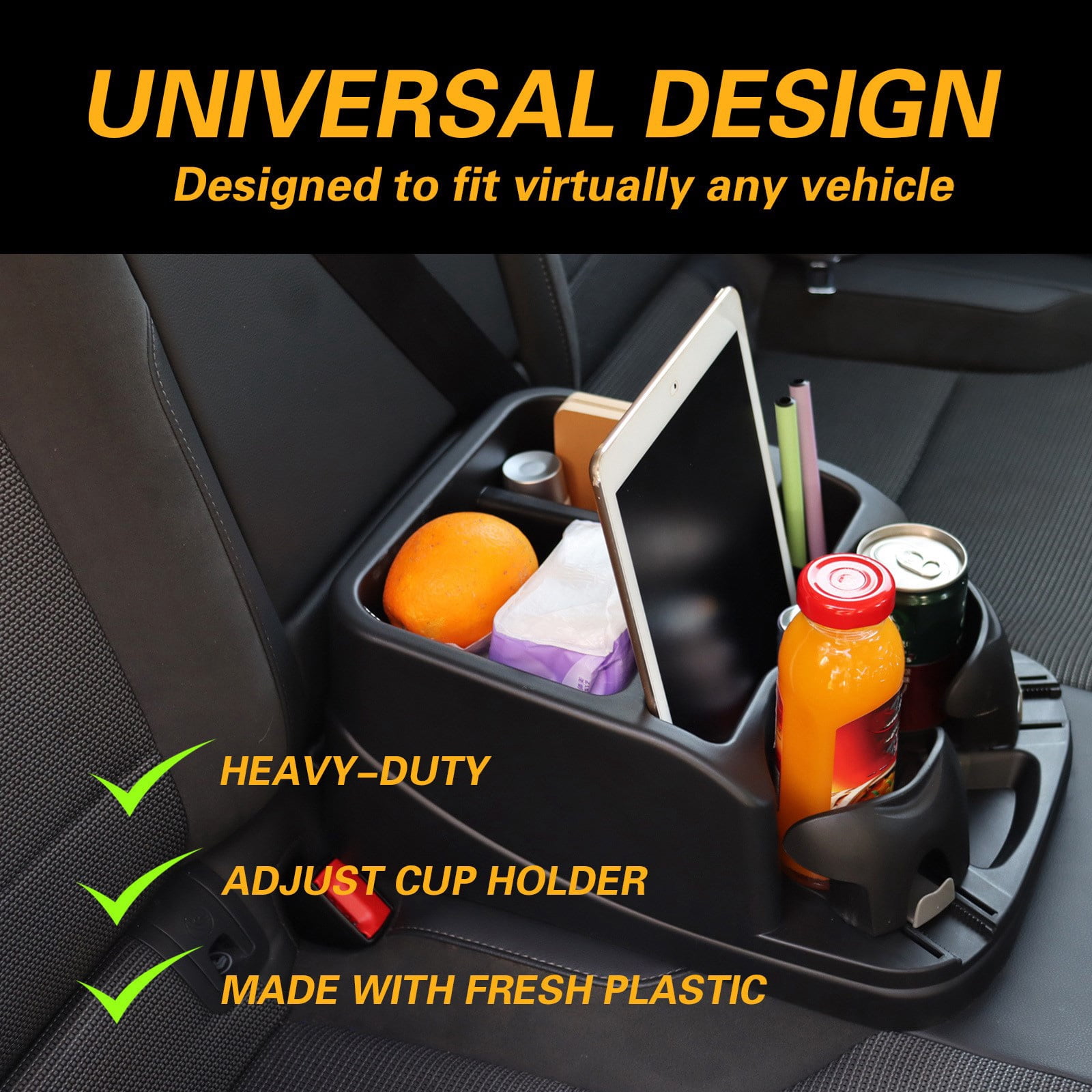 Central Console Armrest Rear Seat Storage Box Organizers Container Tray Car Interior Organizers with 2 Cup Holder