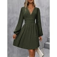 thumbnail image 3 of Women V-Neck Dot Jacquard Spring And Autumn Long-Sleeved A-Shaped Waist Puff Sleeve Dress, 3 of 5