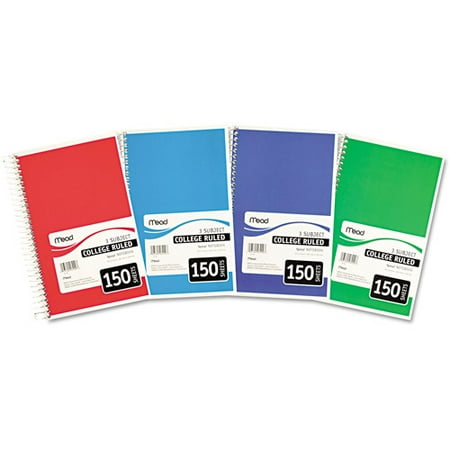 1005tx Notebook - (4 Pack) Mead Spiral Bound Notebook, Perforated, College Rule, 6 x 9 1/2, White, 150 Sheets