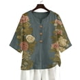 thumbnail image 5 of Ounisa Womens 3/4 Sleeve Blouses V Neck Cotton Linen Print Button Detail Casual Fashion Spring Summer Daily Wear Shirts S-2XL, 5 of 6