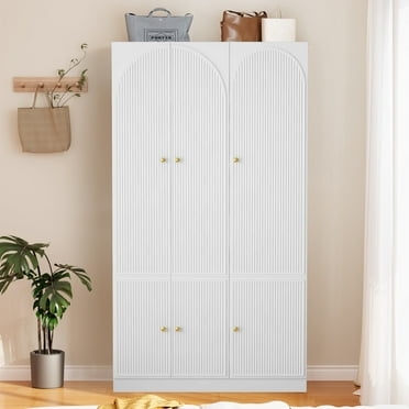 Wirrytor White 6 Doors Freestanding Armoire Wardrobe Closet, Large Capacity Wardrobe Cabinet with 3 Storage Drawers, White Wooden Closet for Bedroom