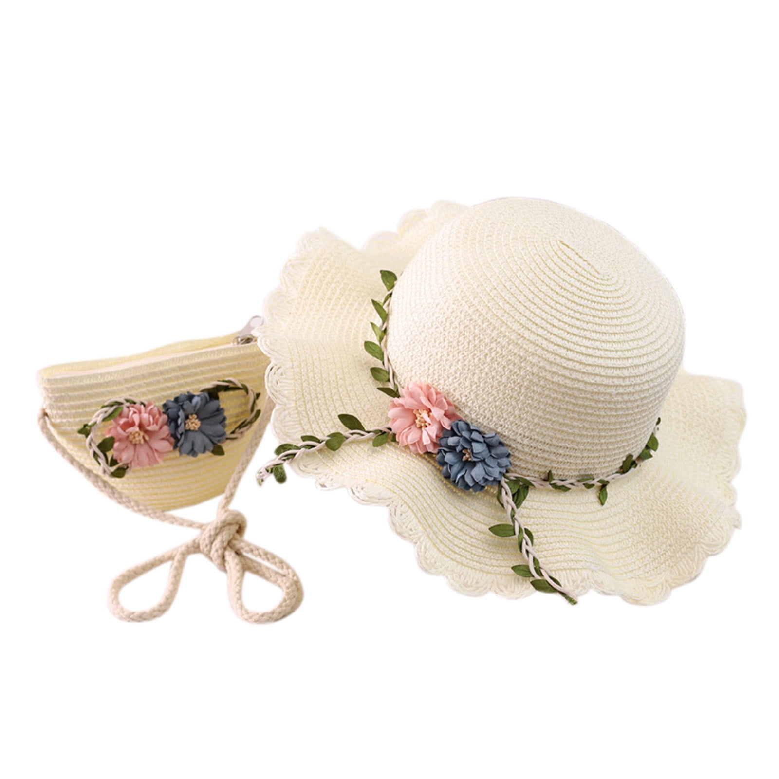 MIASHUI Sun Straw Hat and Straw Bag Set for Kids Girls Wide Brim