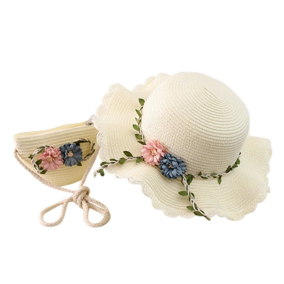 MIASHUI Sun Straw Hat and Straw Bag Set for Kids Girls Wide Brim Travel Beach Cap,White,One Size