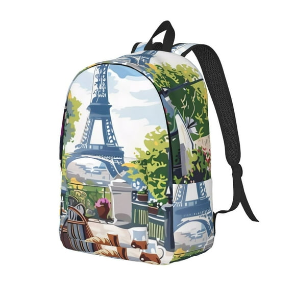 Ratiio Parisian Cafe With Eiffel Print Canvas Backpack for Women & Men Retro Aesthetic Rucksack Basic Backpack for High School/College Students Travel Laptop Bag