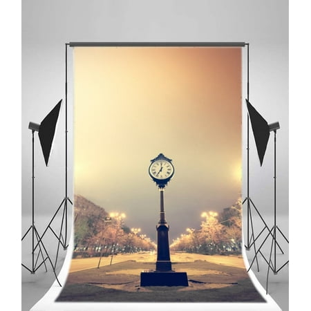 Image of MOHome 5x7ft Vintage Clock Backdrop Winter Shining Lights Road Lamps Trees Christmas Night View Happy New Year Photography Background Kids Adults Photo Studio Props