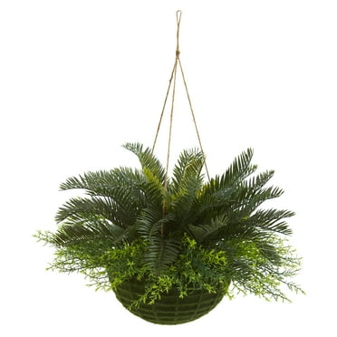 Nearly Natural 13" Cycas Artificial Plant in Mossy Hanging Basket (Indoor/Outdoor), Green