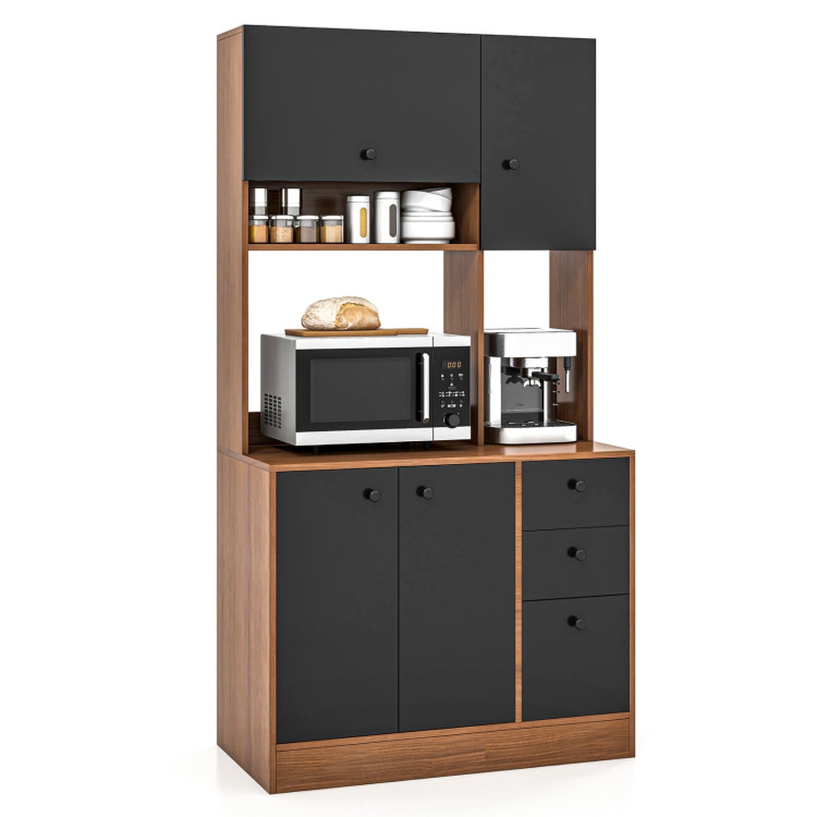 Furnibear Kitchen Pantry Cabinet 71 Inch Tall Freestanding Pantry Storage Cabinet with 3 Storage Cabinets and 3 Deep Drawers for Kitchen and Dining Room, Walnut