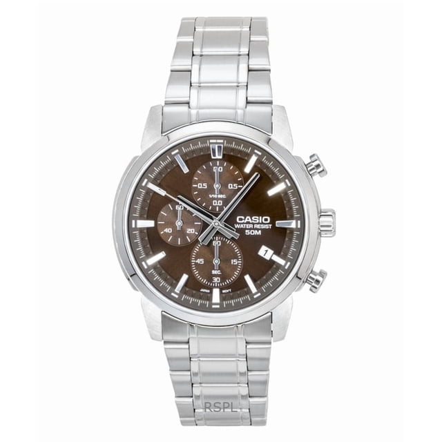 Casio Reloj Cronógrafo Analógico de Acero Inoxidable con Esfera Marrón de Cuarzo MTP-E510D-5AV para Hombre