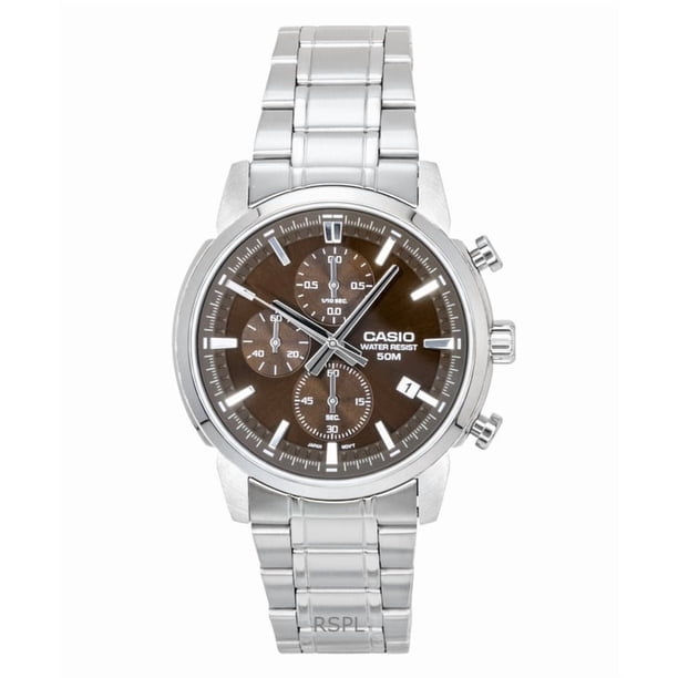 Casio Reloj Cronógrafo Analógico de Acero Inoxidable con Esfera Marrón de Cuarzo MTP-E510D-5AV para Hombre