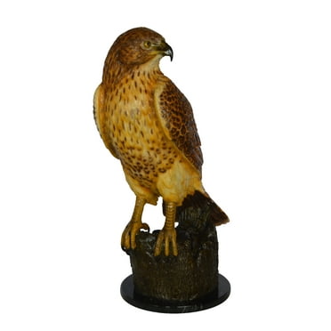 Hawk Bronze Statue standing on Stump on Marble -  Size: 12"L x 15"W x 29"H.