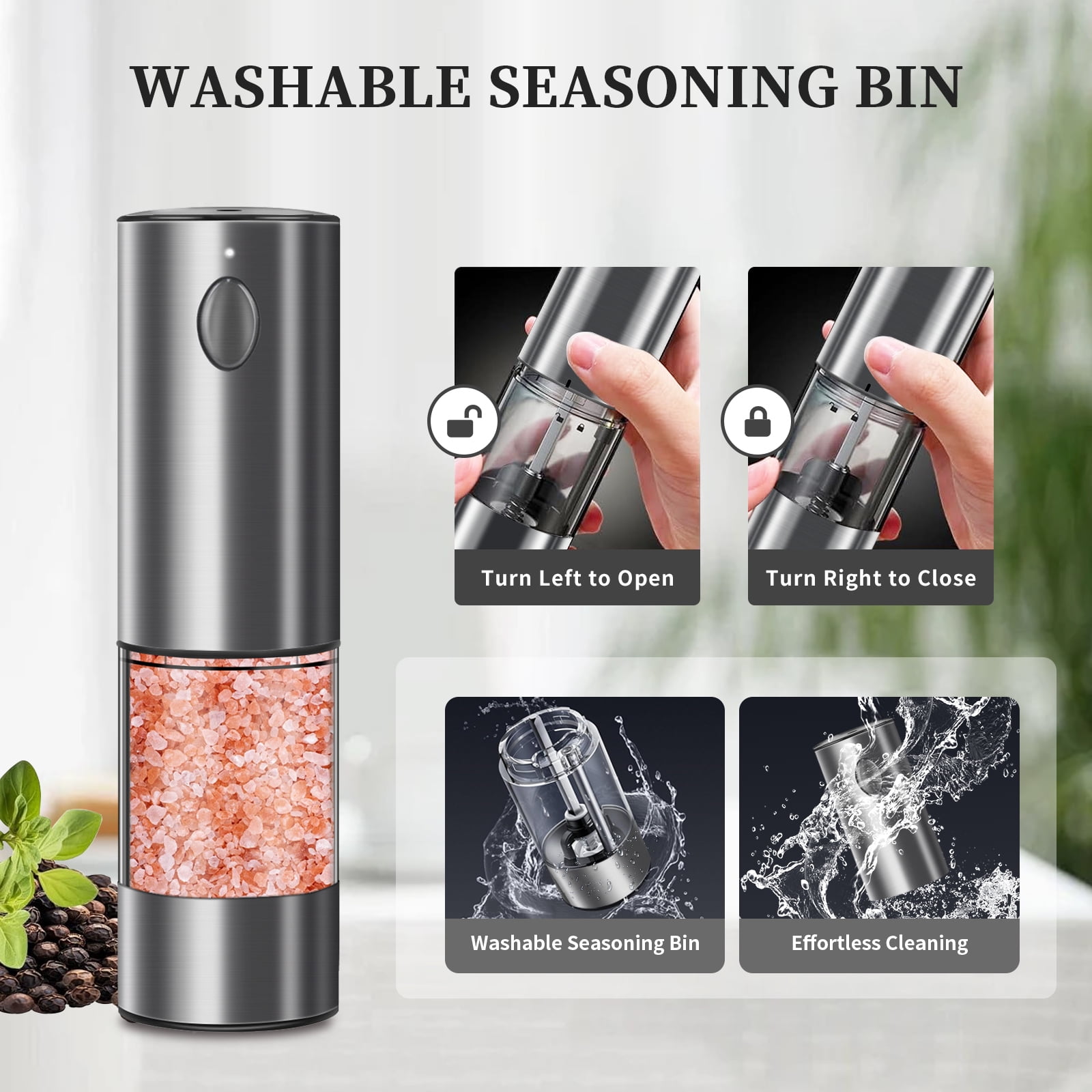 Battery-Powered Salt and Pepper Grinder Set (2PCS) - Automatic Spice Grinder Adjustable Coarseness for Kitchen