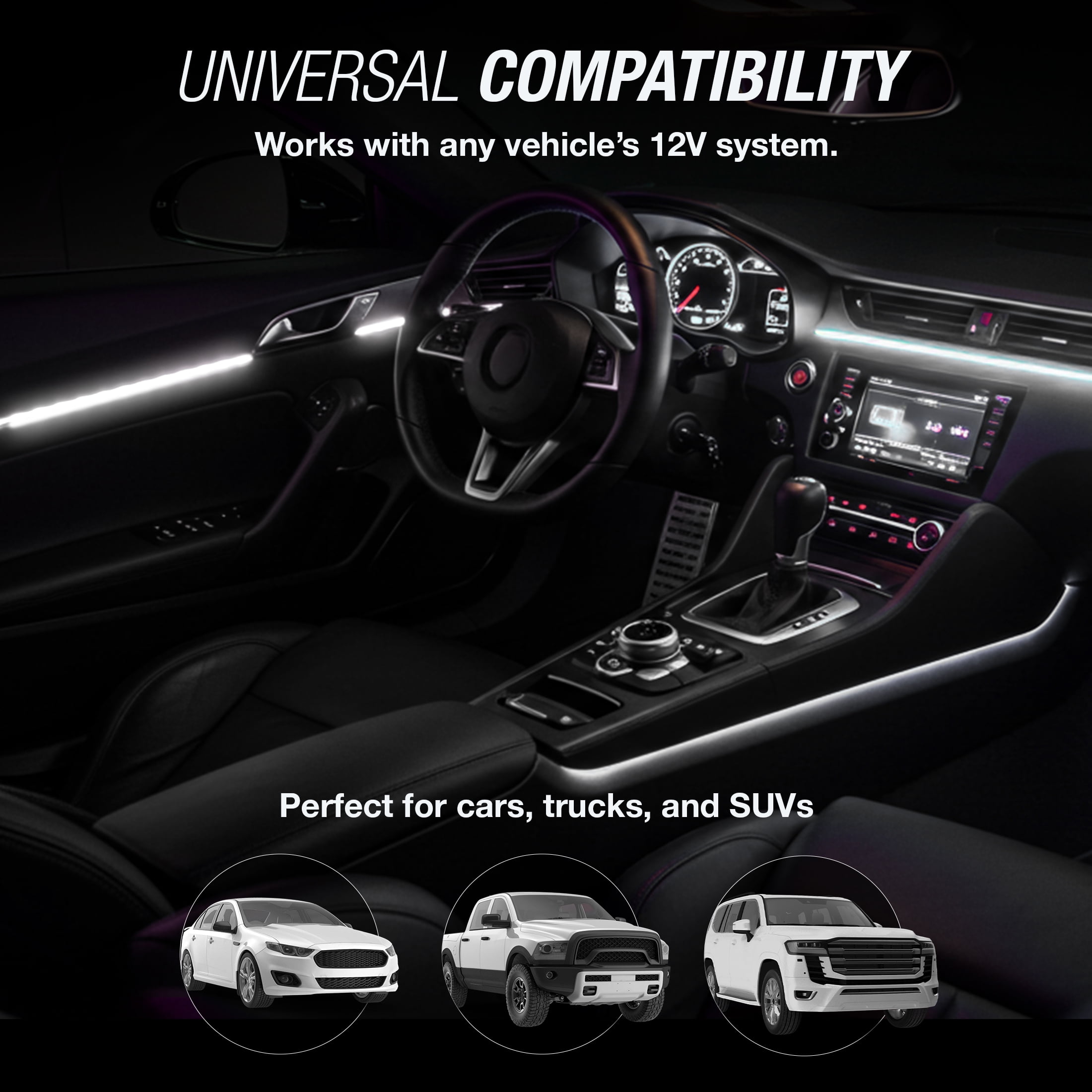 TYPE S - Infinite Glow White LED Ambient Lighting - Car LED Strip Lights, Light Sync Technology, 3M Adhesive, Trimmable, 12V, 2 x 12" White Strips, 24 inches
