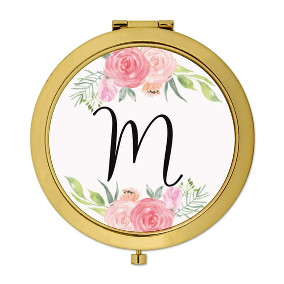 Koyal Wholesale Compact Mirror Bridesmaid's Wedding Gift, Gold, Monogram Letter M, Peach and Pink Roses, 1-Pack