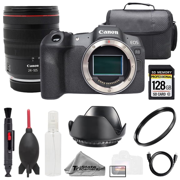 Canon EOS R8 Camera   RF 24-105mm f/4L IS USM Lens  128GB  Bag  UV Filter- Basic Kit (International Version)