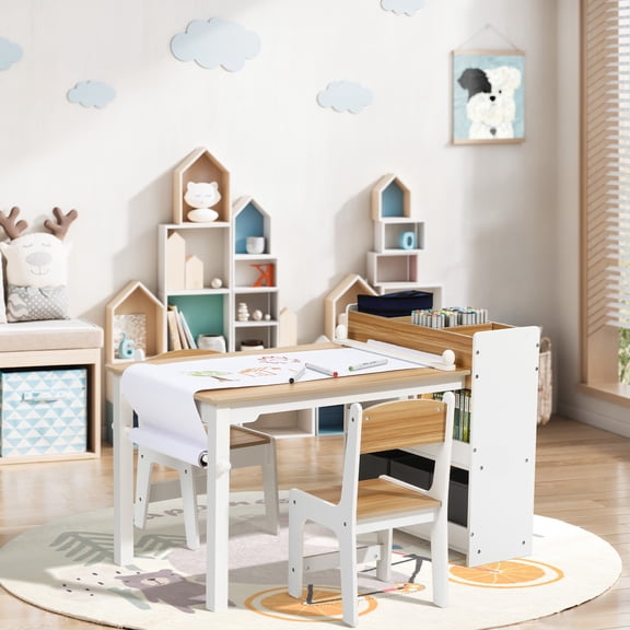 LuxenHome Children Play Table with Bookcase and 2 Chairs Set