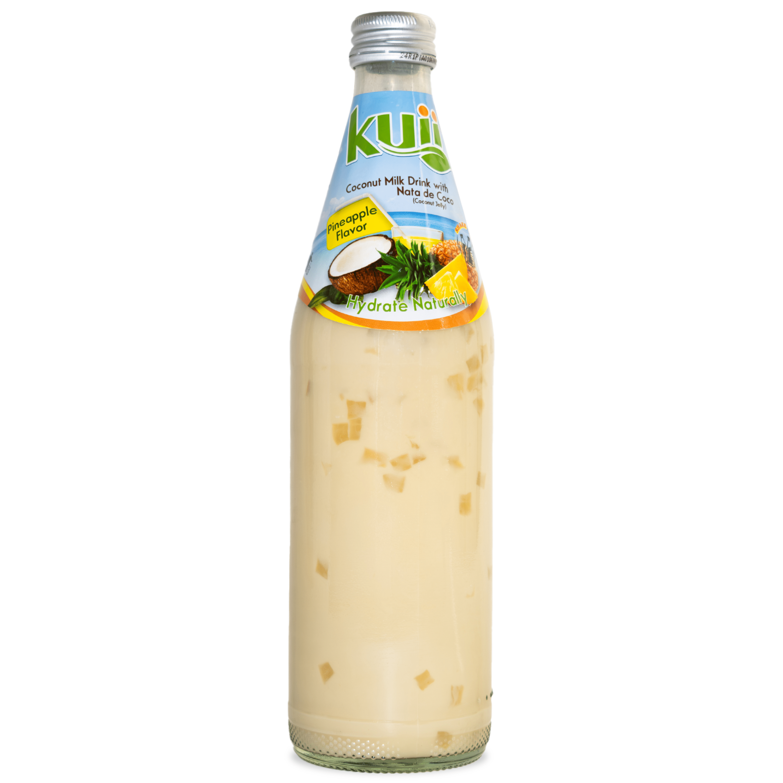 (12 pack) Kuii Drinks Coconut Milk with Nata de Coco, Pineapple, 485 mL Single Glass Bottle