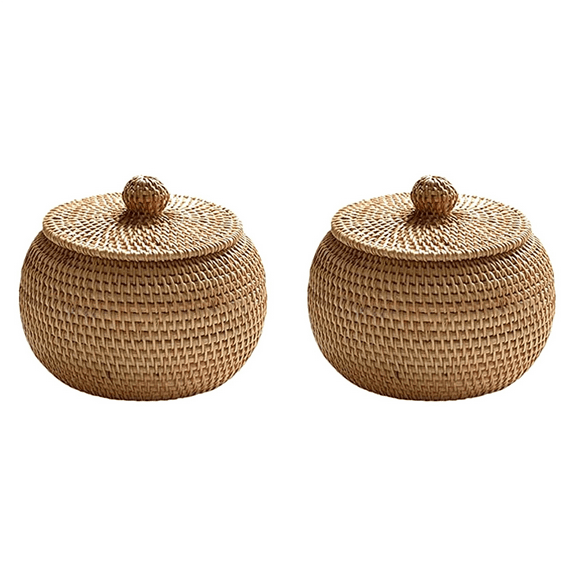 2X Round Rattan Box with Lid, Hand Woven Storage Box, Multifunctional Desktop Tray Basket Decoration for Home