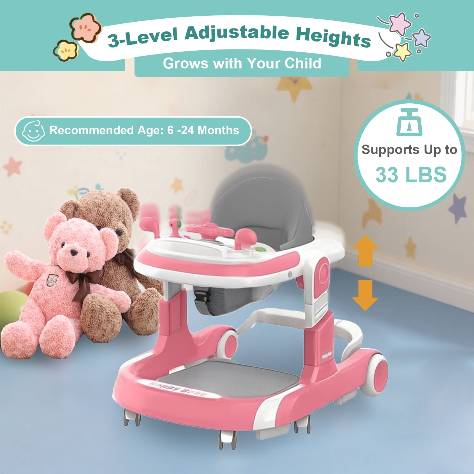 YUCHANG 4 in 1 Baby Walker with Wheels,Push Walker With Music Activity,Foldable and Height Adjustable,Pink