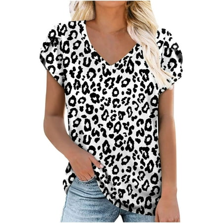 

Women’s Petal Short Sleeve V Neck Fashion T-shirts Summer Printed Pullover Top Loose Cute Tee Casual Comfy Shirt