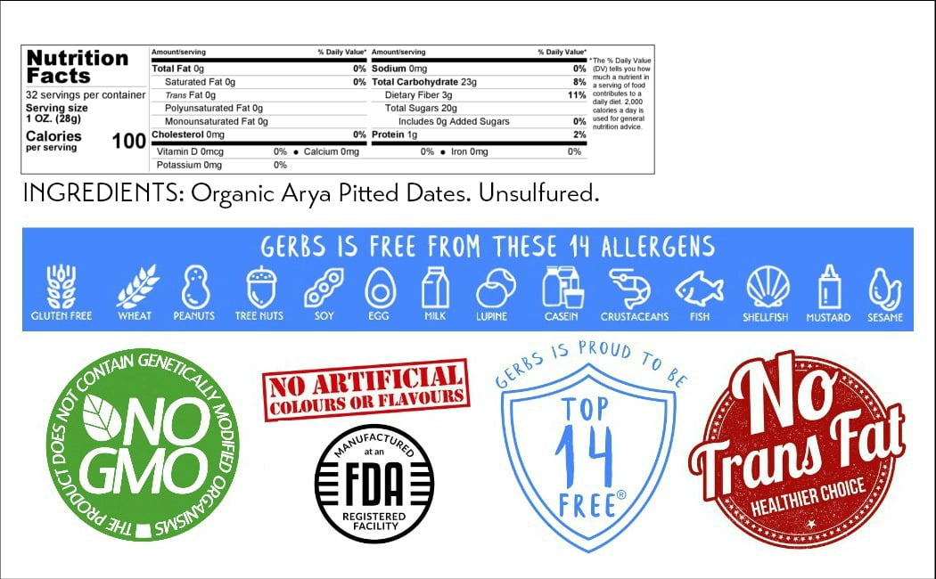 Gerbs Dried Araya Dates 2 lbs | Unsulfured, Pitted, Resealable Bag | Naturally Sweet & Fiber-Rich | Top 14 Allergen-Free