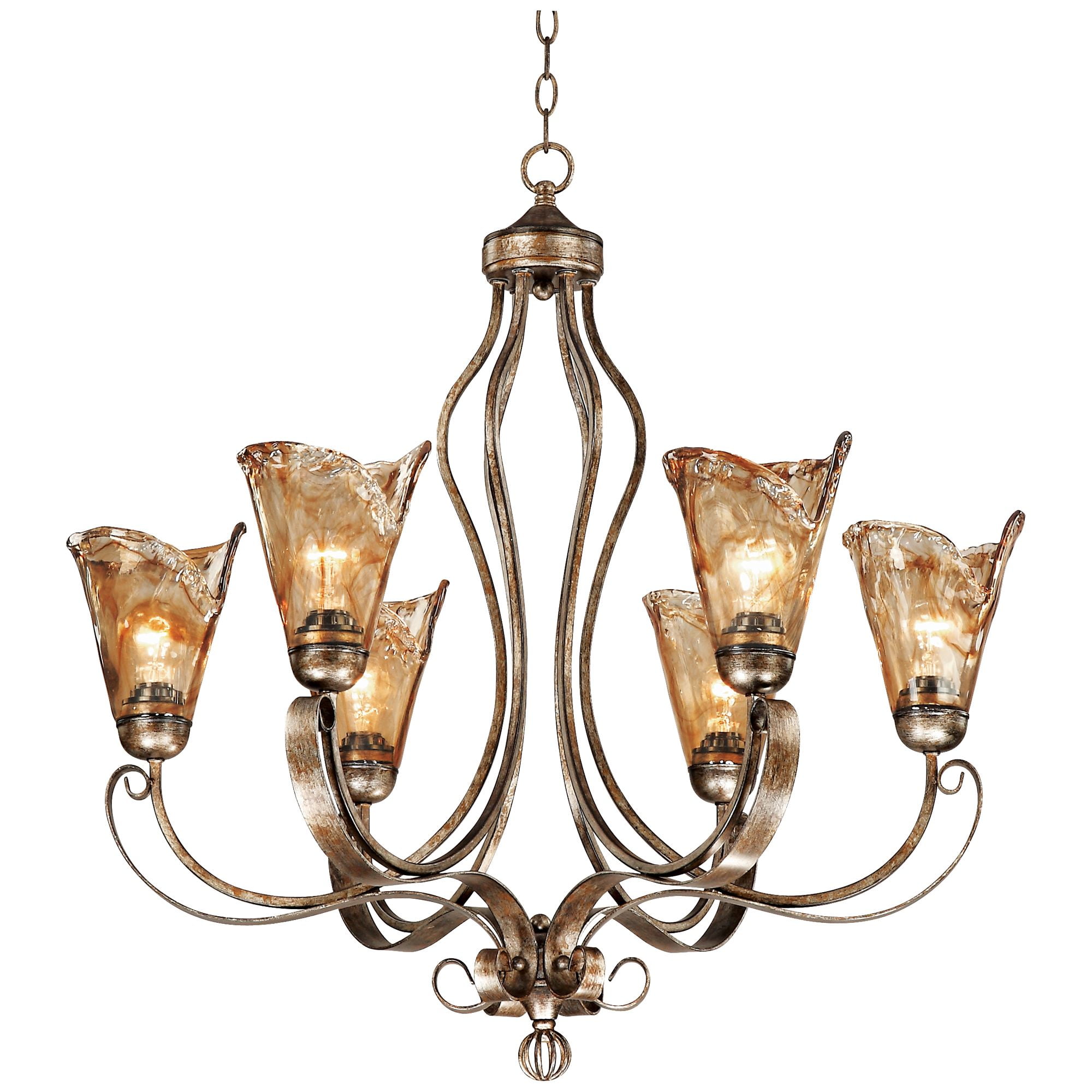 Franklin Iron Works Amber Scroll Golden Bronze Large Chandelier 31 1/2" Wide Rustic Art Glass 6-Light Fixture for Dining Room House Kitchen Island