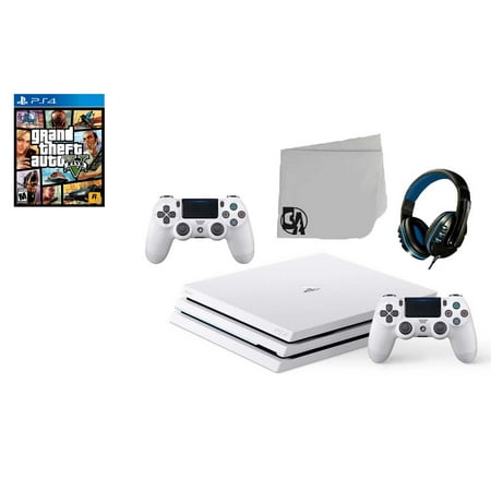 Sony PlayStation 4 Pro Glacier 1TB Gaming Consol White 2 Controller Included with Grand Theft Auto V BOLT AXTION Bundle Used
