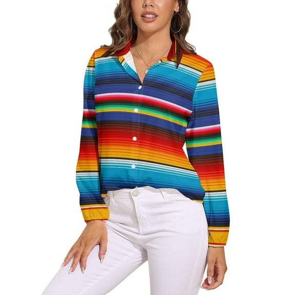 Mexican Serape Long Sleeve Blouse Woman Streetwear Casual Shirts Summer Oversize Woman Streetwear Clothing Birthday Present