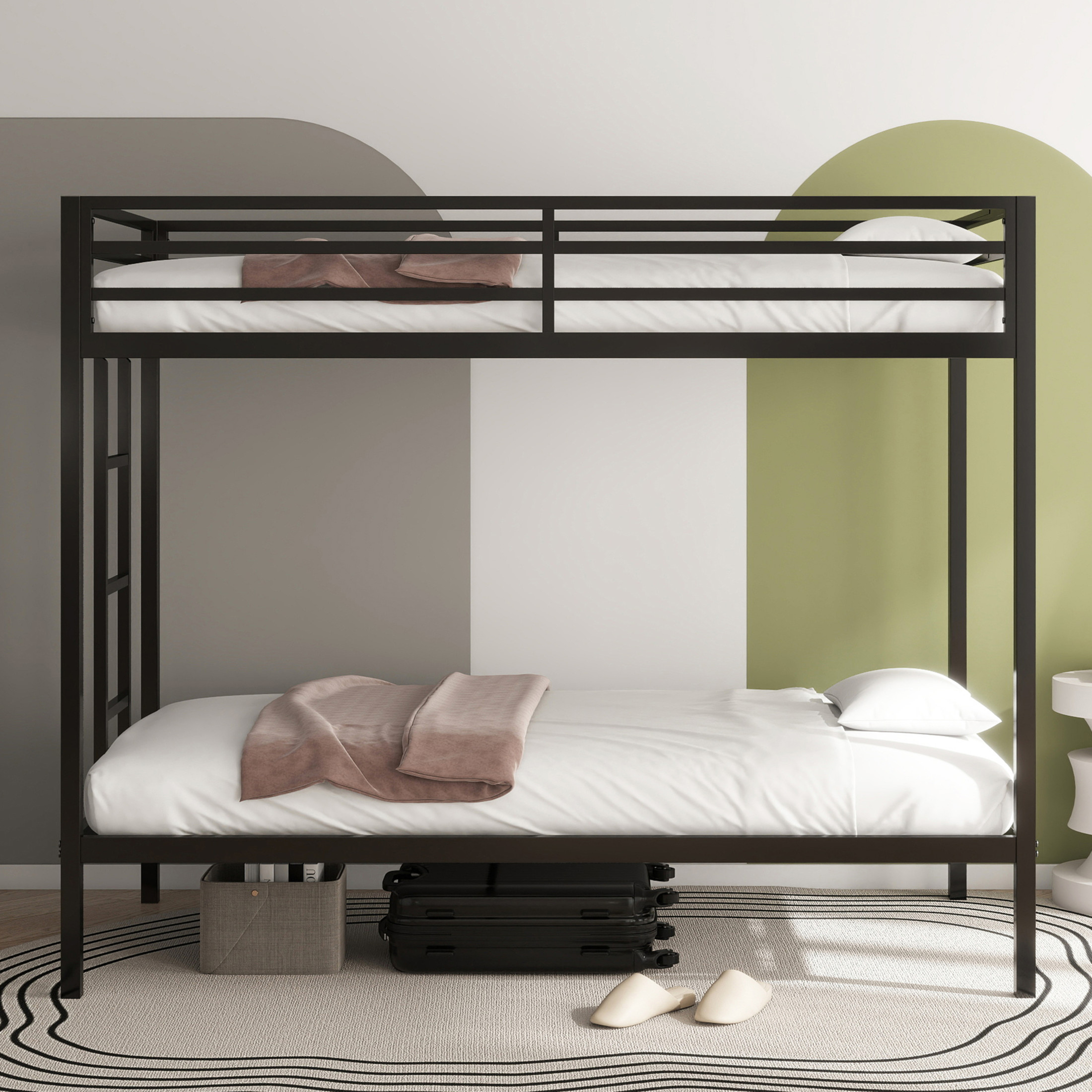 Noble House Adam Twin Over Twin Bunk Bed with Ladder, Guardrails, Metal Frame, Black