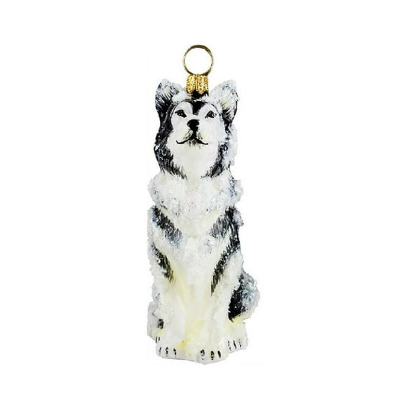 Snowy Alaskan Malamute Sitting Dog Polish Blown Glass Christmas Ornament