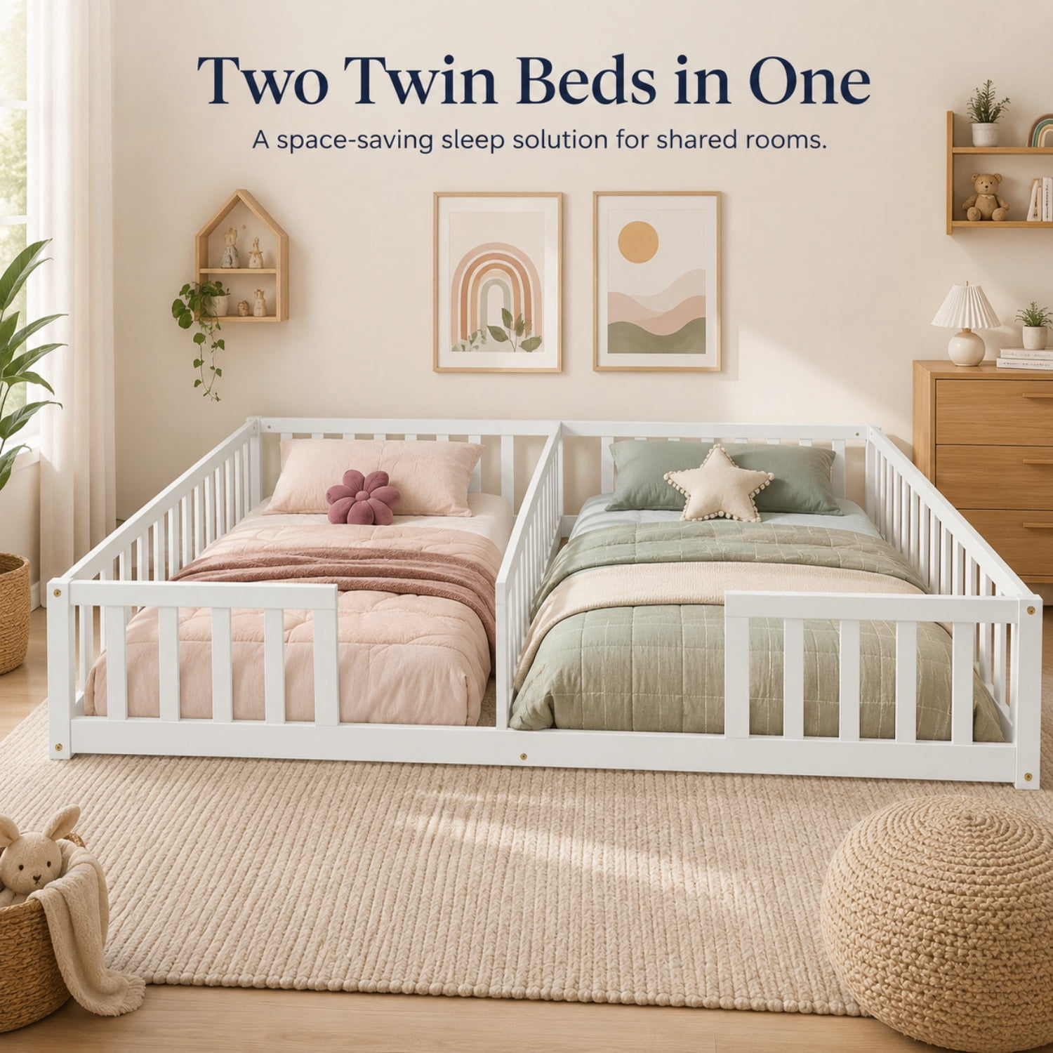 Miniyam Double Twin Floor Bed for Kids, Wood Bed Frame with Guardrails, Low Profile Design, White