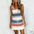 thumbnail image 2 of Beach Dresses for Women Casual Summer, Women V Neck Sleeveless Midi Dress Lace-Up Waist Drawstring Casual Dress Spaghetti Strap Striped Splicing Sling Dress, 2 of 6
