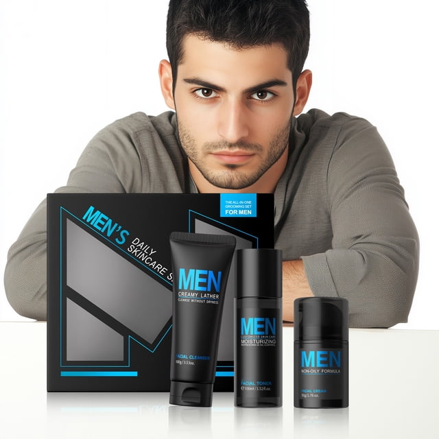 Cremas e hidratantes. Set de cuidado facial para hombre (tres piezas): Crema facial 50 g + Tónico 100 ml + Limpiador facial 100 g.